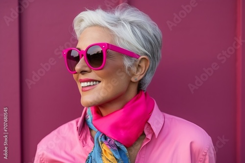 Closeup portrait of a beautiful middle-aged woman with short gray hair wearing pink sunglasses on a pink background