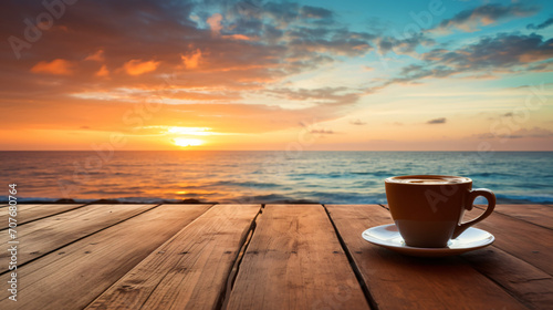 Coffee cup on wood table at sunset or sunrise beach © Salman
