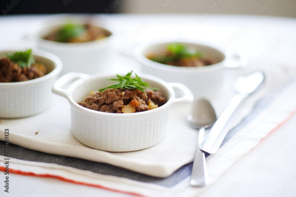 mini moussaka servings in ramekins on a white linen tablecloth mini moussaka servings in ramekins on a white linen tablecloth