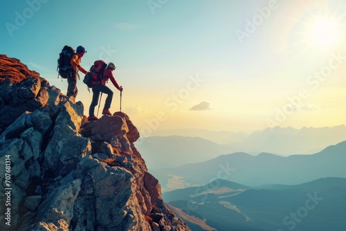Mountain climbers help their friends from the bottom to climb to trative aihe top generative ai © gilangedo