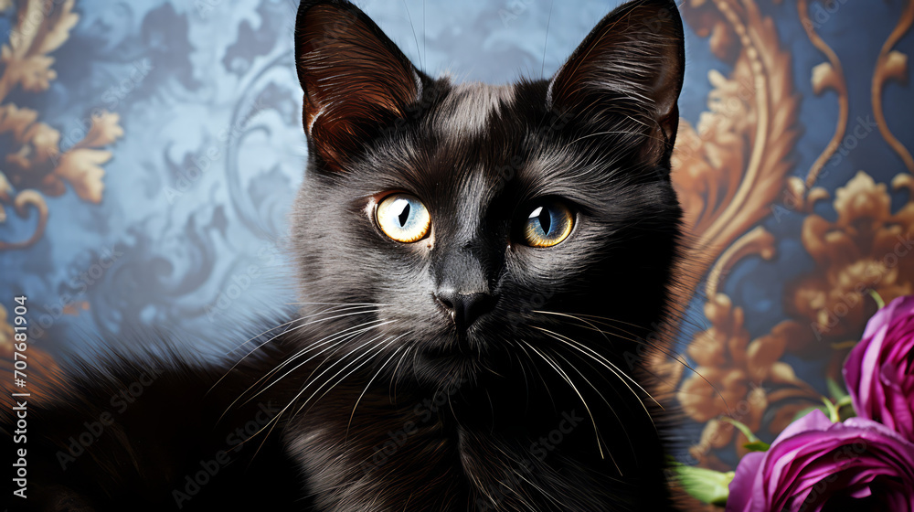 Portrait of a black cat with flowers on a blue background.