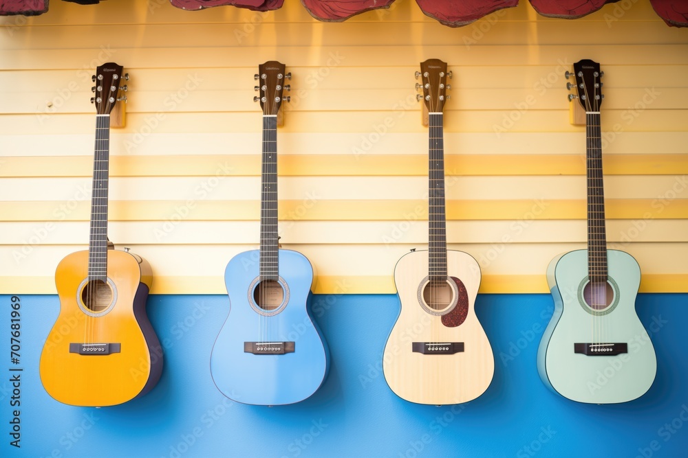 Fototapeta premium row of acoustic guitars hanging on a shop wall
