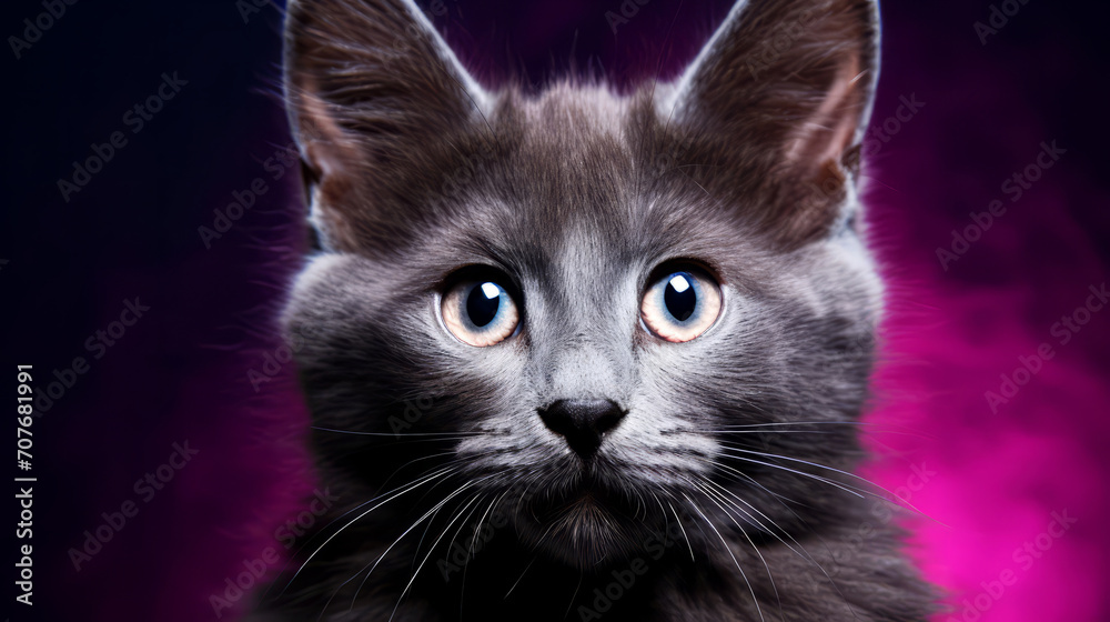 Portrait of a blue British kitten on a purple background.