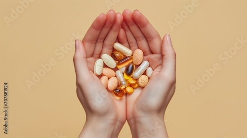 Hands holding a lot of different pills or dietic supplements on beige background. photo