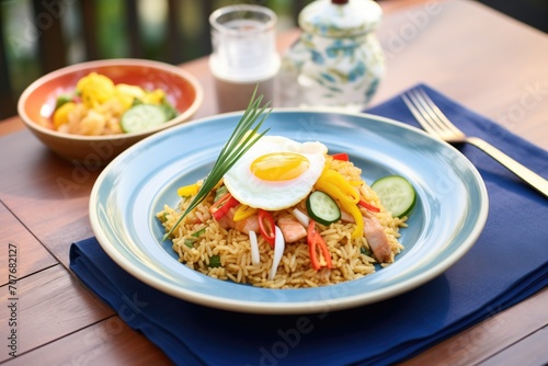 homemade nasi goreng served on a colorful plate, casual dining