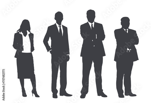 Business people group gray silhouettes pose on white background, flat line vector and illustration. photo