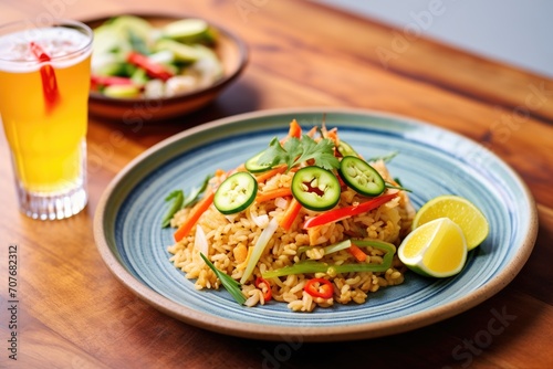 nasi goreng with side of pickled vegetables, focus on texture