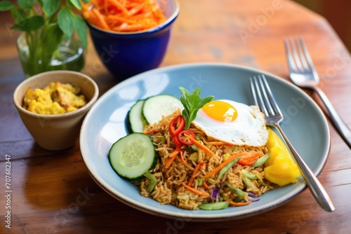 nasi goreng with a side of spicy sambal sauce, vibrant colors