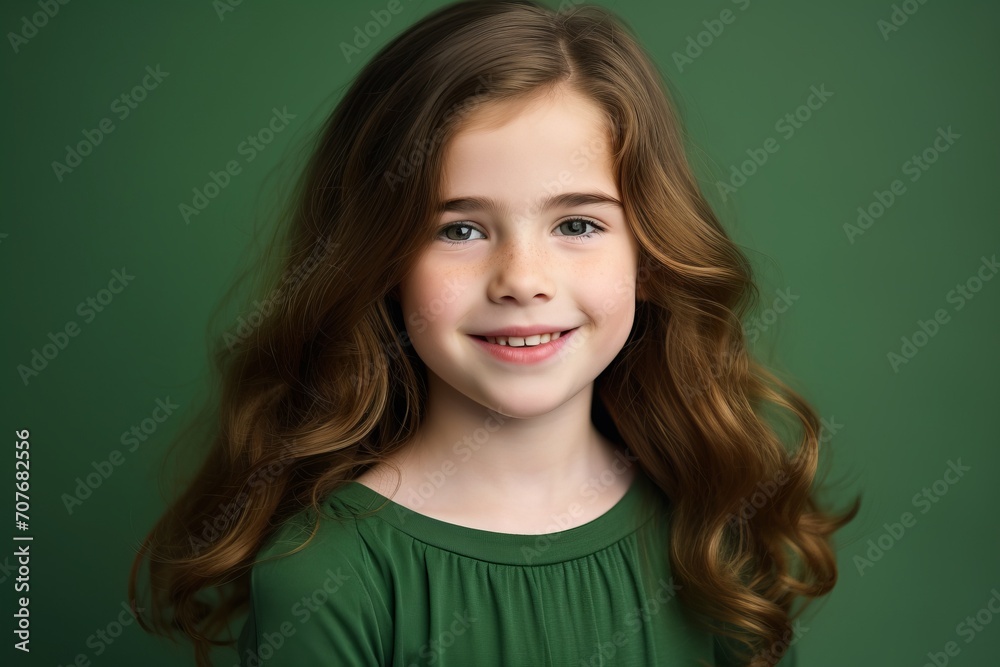 Portrait of a smiling little girl with long curly hair on a green background Portrait of a smiling little girl with long curly hair on a green background