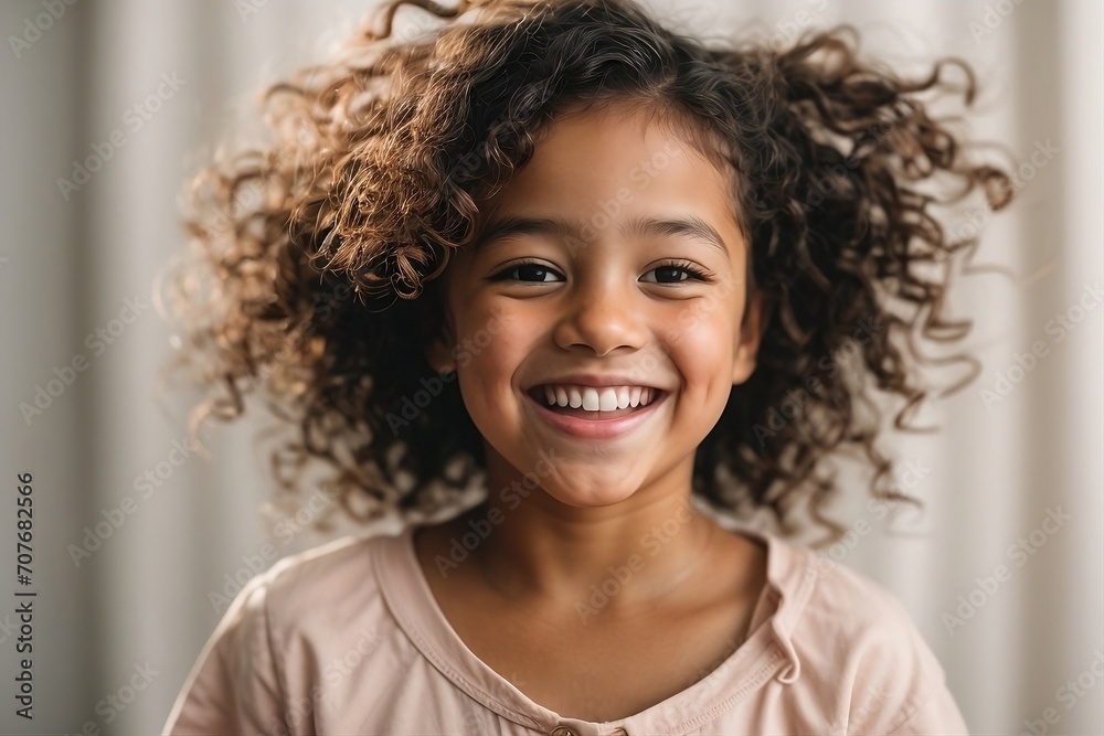 A pure happiness with this professional portrait of a cute mixed race child model, radiating joy and laughter against a clean white backdrop.