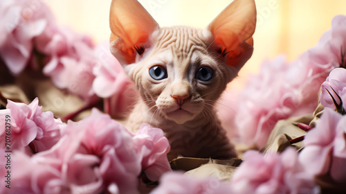 Beautiful little sphynx cat with flowers on light background.