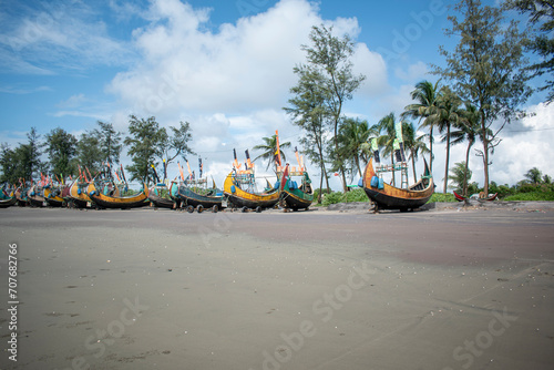 Tecknaf sea beatch with fishing boat, beach with palm trees