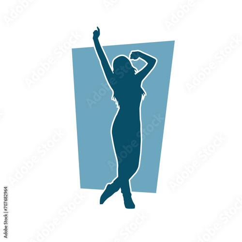 Silhouette of a female dancer in action pose. Silhouette of a woman dancing happily.