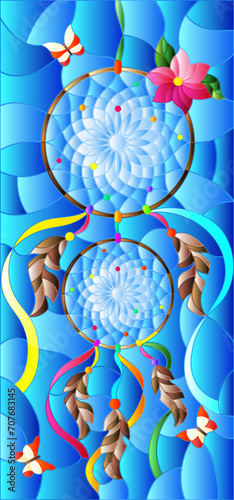 Illustration in stained glass style with dream catcher and butterflies on sky background