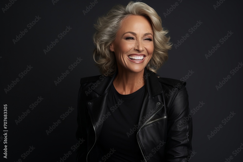 Portrait of a happy mature woman in a black leather jacket.