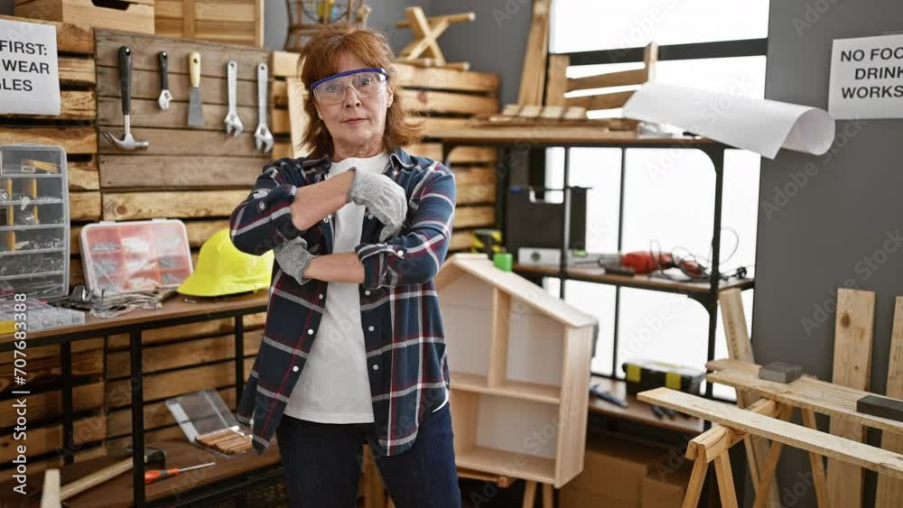 Mature woman with glasses standing in a woodworking workshop with arms crossed wearing plaid shirt and gloves. Mature woman with glasses standing in a woodworking workshop with arms crossed wearing plaid shirt and gloves.