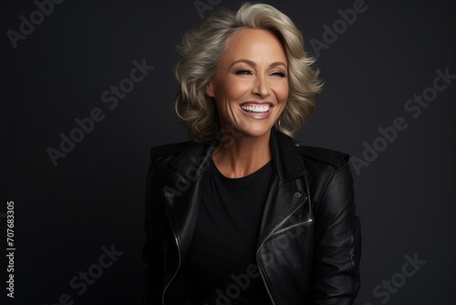 Portrait of a happy mature woman in a black leather jacket.