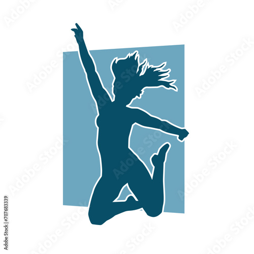 Silhouette of a female dancer in action pose. Silhouette of a woman dancing happily.