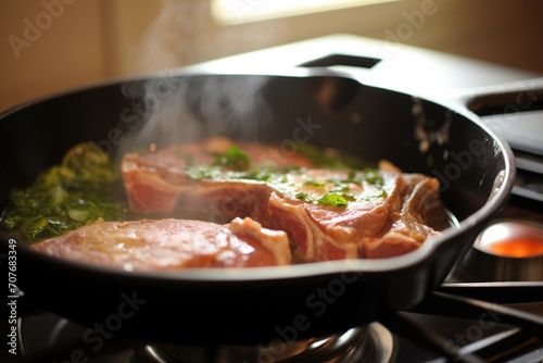 mid-cook osso buco in skillet with juices bubbling photo