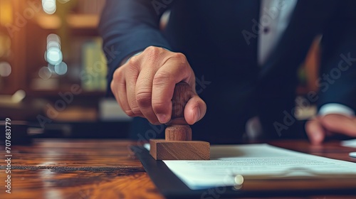 Closed up businessman hand using wooden stamping to approve document and reject document or project concept, copy space photo