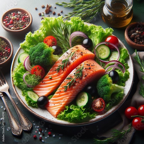 salmon, food, fish, meal, healthy, dinner, dish, lunch, seafood, roasted, cooked, steak, grilled, vegetable, fillet, plate, cuisine, lemon, delicious, background, grill, baked, fried, diet, omega, roa photo