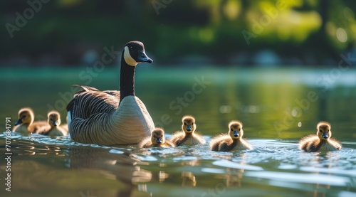 Goose and goslings gliding on a shimmering pond. photo