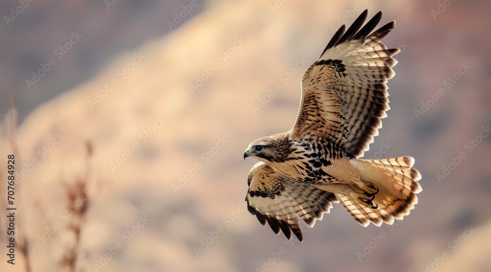 Fototapeta premium Powerful hawk in flight, wings elegantly spread against a soft background.