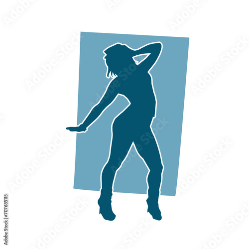 Silhouette of a female dancer in action pose. Silhouette of a woman dancing happily.