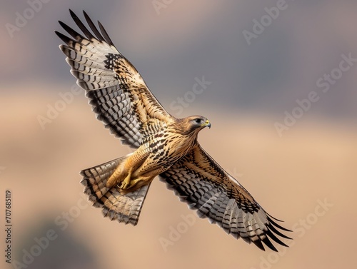 A majestic hawk soaring with wings fully spread, showcasing its powerful grace in flight.