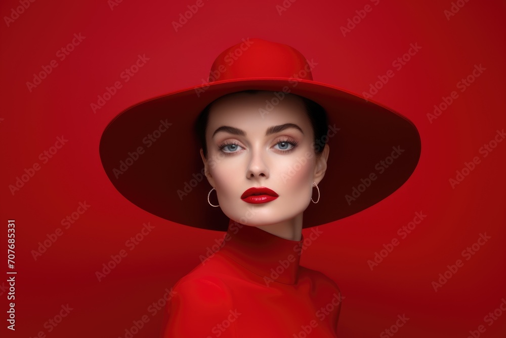Elegant lady in wide brimmed hat with red lips makeup on burgundy background. Young and beautiful woman is ready for vacation or party. Retro fashion concept. Banner with copy space Elegant lady in wide brimmed hat with red lips makeup on burgundy background. Young and beautiful woman is ready for vacation or party. Retro fashion concept. Banner with copy space