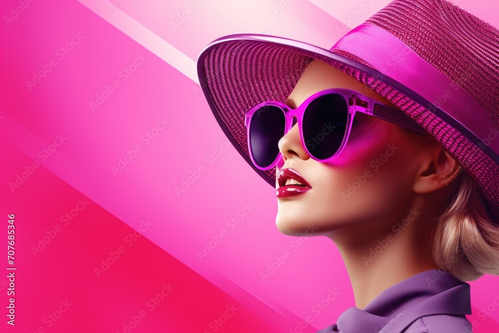 Elegant lady in wide brimmed hat with pink lips makeup on purple background. Young and beautiful woman is ready for vacation or party. Retro fashion concept. Banner with copy space - obrazy, fototapety, plakaty 