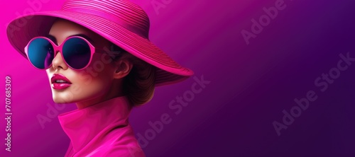 Elegant lady in wide brimmed hat with pink lips makeup on purple background. Young and beautiful woman is ready for vacation or party. Retro fashion concept. Banner with copy space photo