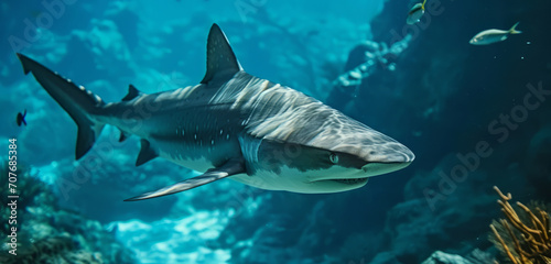 Close-up of a shark with detailed features gliding through the underwater world. © Jan