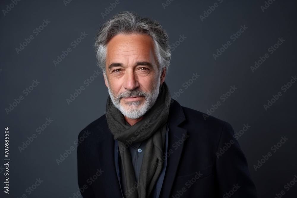 Portrait of a handsome senior man with grey beard wearing scarf.