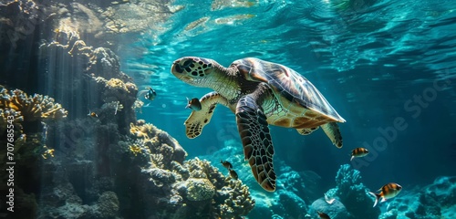A sea turtle swimming serenely among the rich and diverse underwater coral ecosystem. © Jan