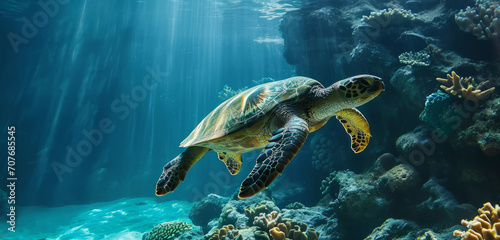 A sea turtle swimming serenely among the rich and diverse underwater coral ecosystem.