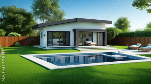 3d house model rendering on white background, 3D illustration modern cozy house with pool and parking house © home 3d