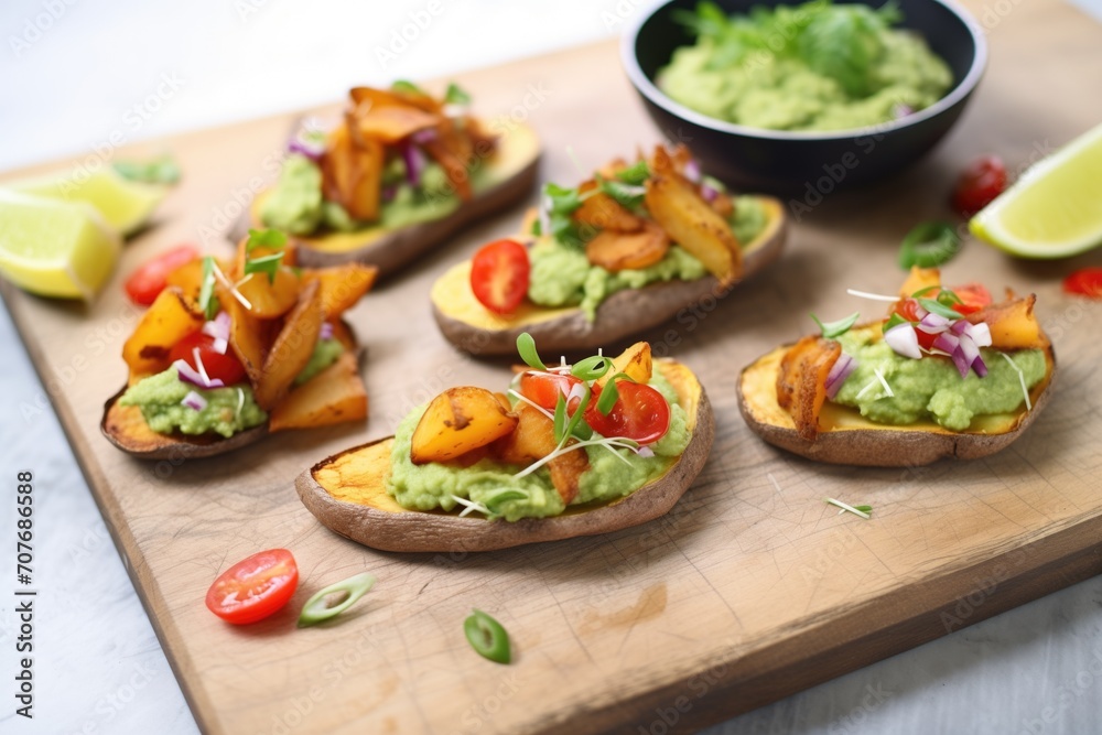 vegan potato skins with guacamole on a slate platter vegan potato skins with guacamole on a slate platter