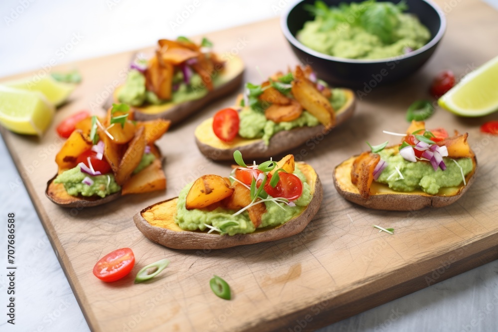 vegan potato skins with guacamole on a slate platter