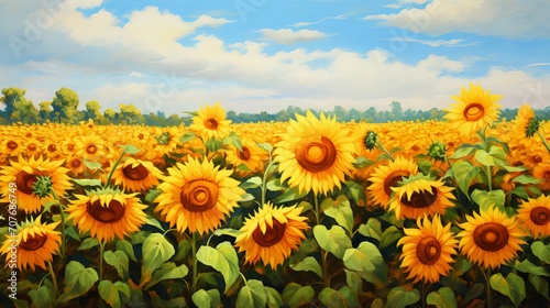 Sunflower field with vibrant yellow and green colors in an impressionist oil painting style