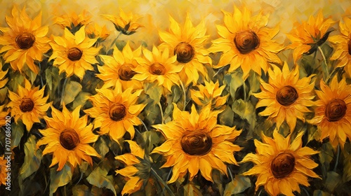 Sunflower field with vibrant yellow and green colors in an impressionist oil painting style