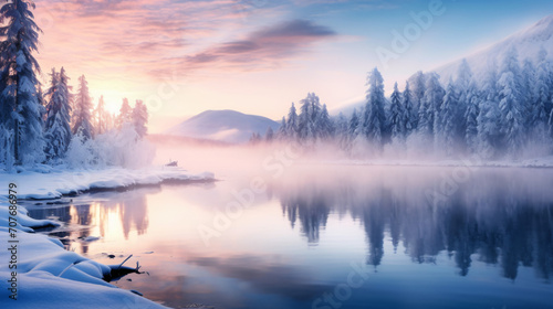 Beautiful lake at sunrise with foggy Winter forest © Black