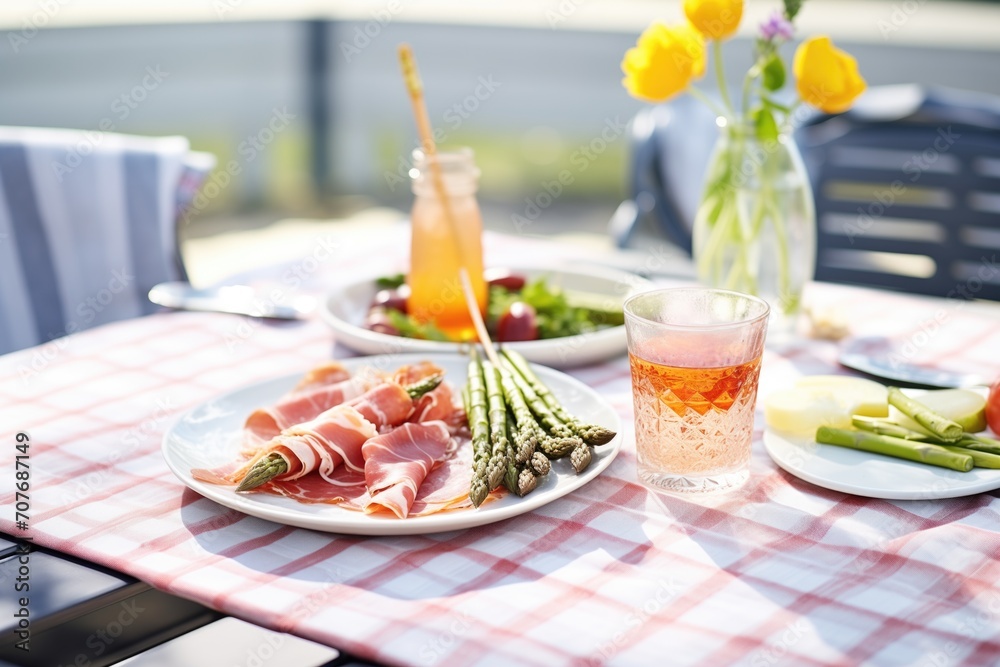a picnic setting with a platter of prosciutto-wrapped asparagus and a checkered napkin a picnic setting with a platter of prosciutto-wrapped asparagus and a checkered napkin