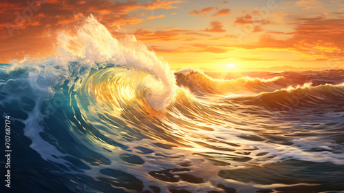 Golden splashing waves and sunrise sea © Salman