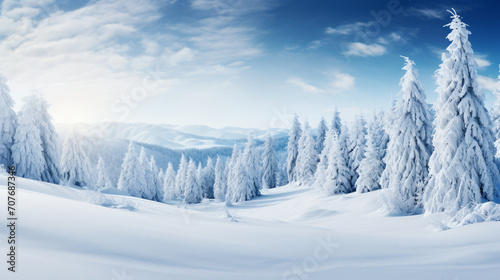 Beautiful landscape with snow covered fir trees