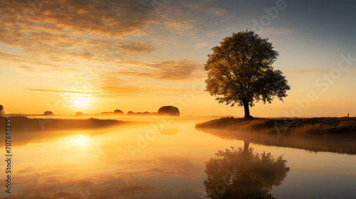 Golden sunrise over the river with tree and mist © Salman