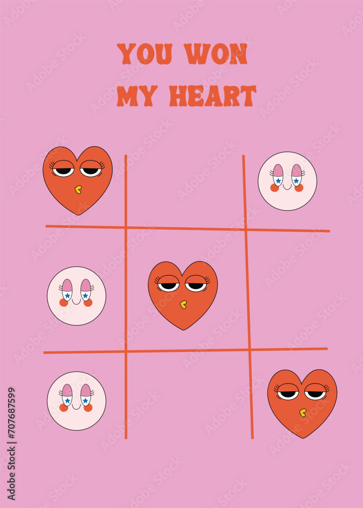 Cute Retro themed valentines day illustration. Artwork with Tic Tac Toe Game With Hearts And Cute Retro themed valentines day illustration. Artwork with Tic Tac Toe Game With Hearts And