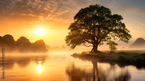 Golden sunrise over the river with tree and mist
