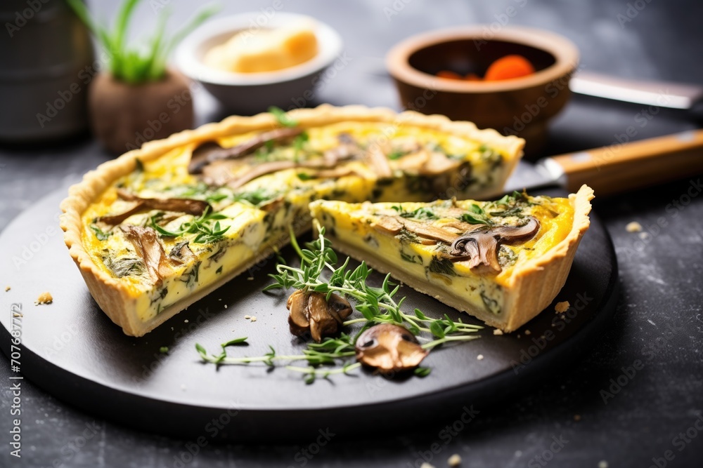 sliced mushroom quiche on a slate with herbs