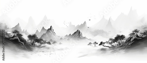 Black and white ink painting of a landscape with artistic lines and shapes on a background for decoration